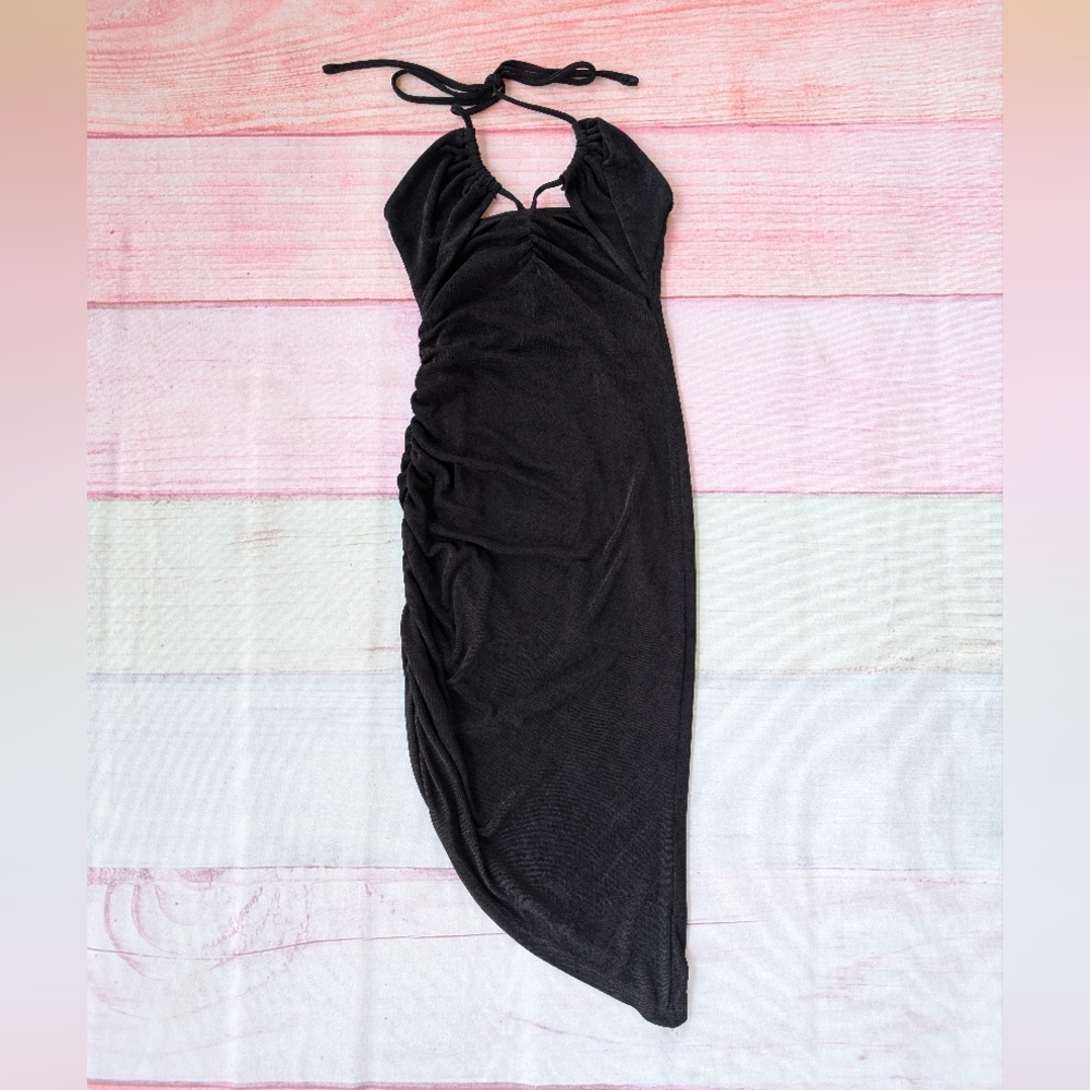 Sndys Black Halter Ruched Bodycon Dress 4US Night Out Asymmetrical Hem